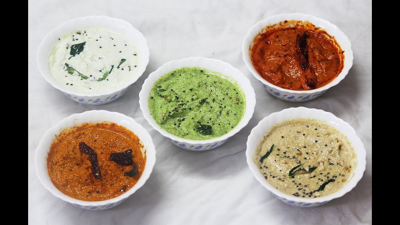 South Indian chutney | 5 varieties | Onion, Tomato, Coconut, Coriander, Curd, Peanuts & Chillis