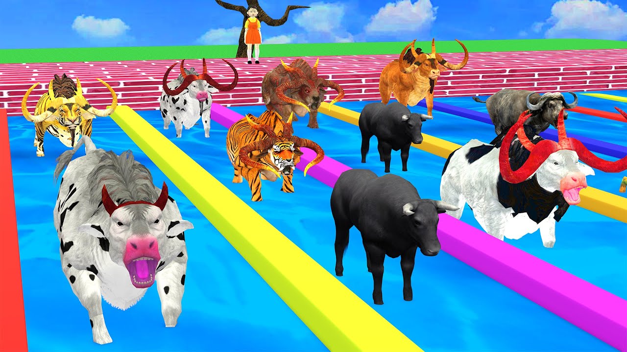 Animals Vs Squid Game Doll Red Light, Green Light Save Swimming Race With Cow Buffalo,Bull,yak,Ox