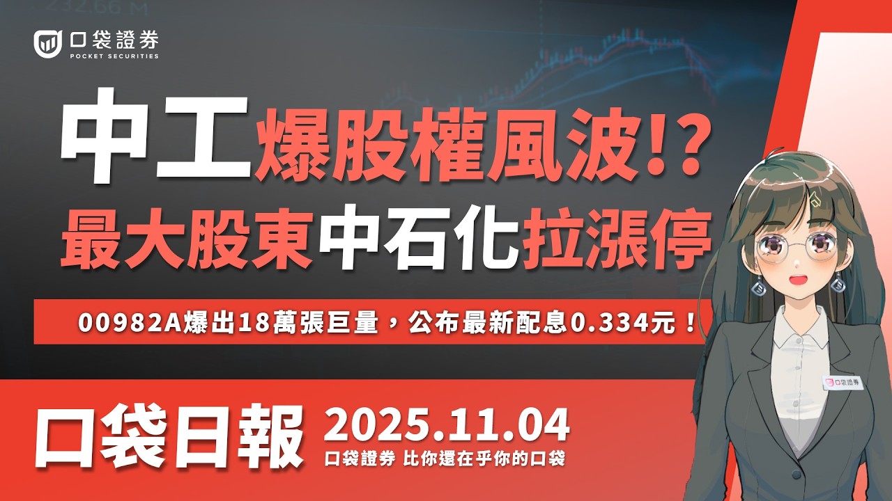 中石化急拉漲停！中工爆股權風波！？00982A爆巨量，最新配息0.334元！ | 口袋日報 | 2025.11.04