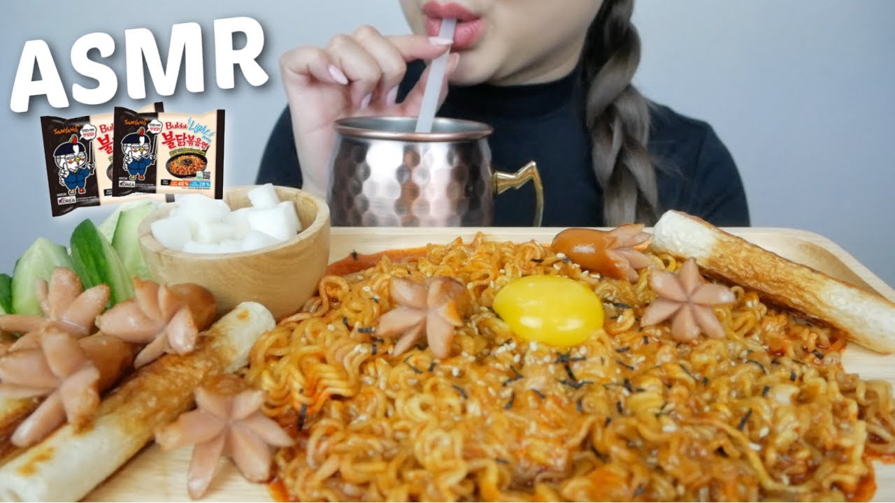 Spicy SAMYANG Buldalk LIGHT with Raw Egg, Mini HOT DOG and Fish Cakes *Relaxing Eating Sounds | N.E