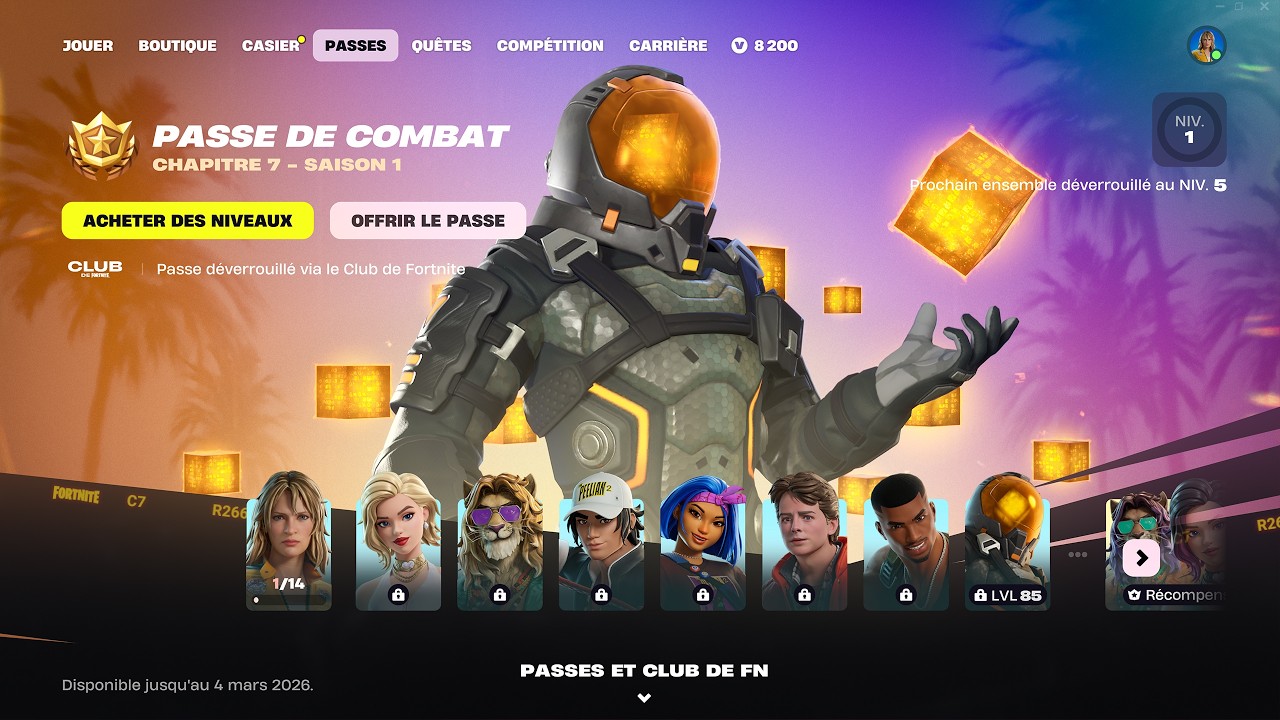 PASSE DE COMBAT CHAPITRE 7 - SAISON 1 sur FORTNITE !! (palier 1 &agrave; 100)