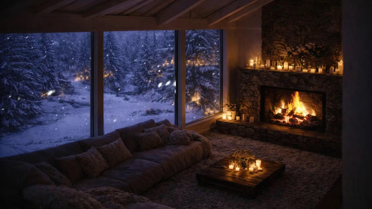 Snowy Winter Cafe Ambience  Fireplace & Smooth Jazz