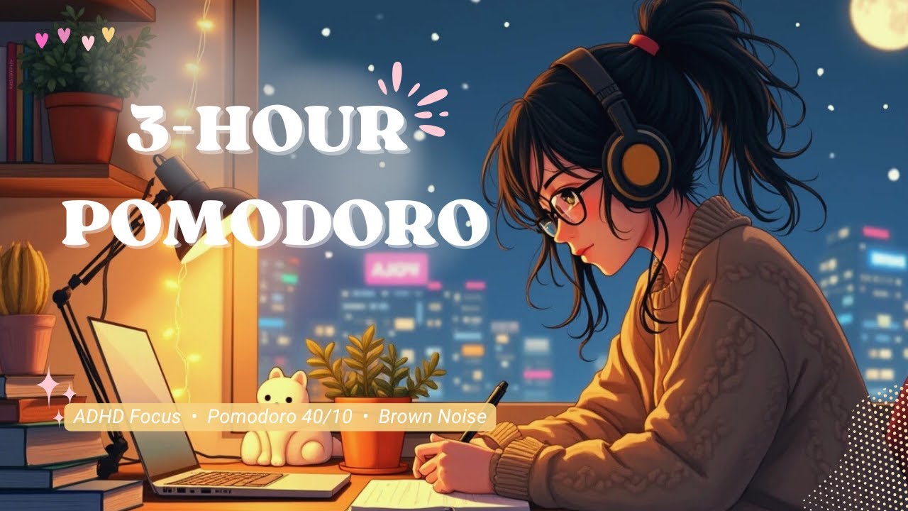 LATE NIGHT STUDY: 3HR Pomodoro 40/10 for ADHD | 40-Min Focus, 10-Min Break | Brown Noise