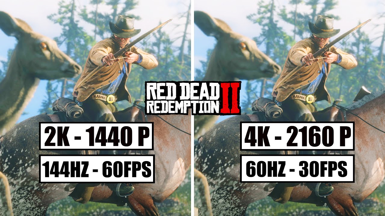 Red Dead Redemption 2 - 4K VS 2K Graphics Comparison Gameplay 30FPS VS 60FPS / 144HZ VS 60 HZ