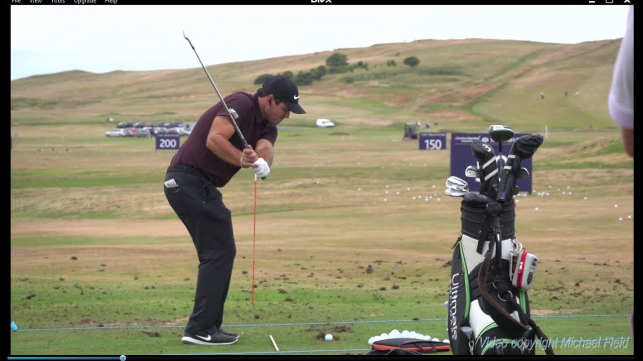 Patrick Reed Short Iron golf swing (down-the-line), ASI Scottish Open, Gullane, July 2018.