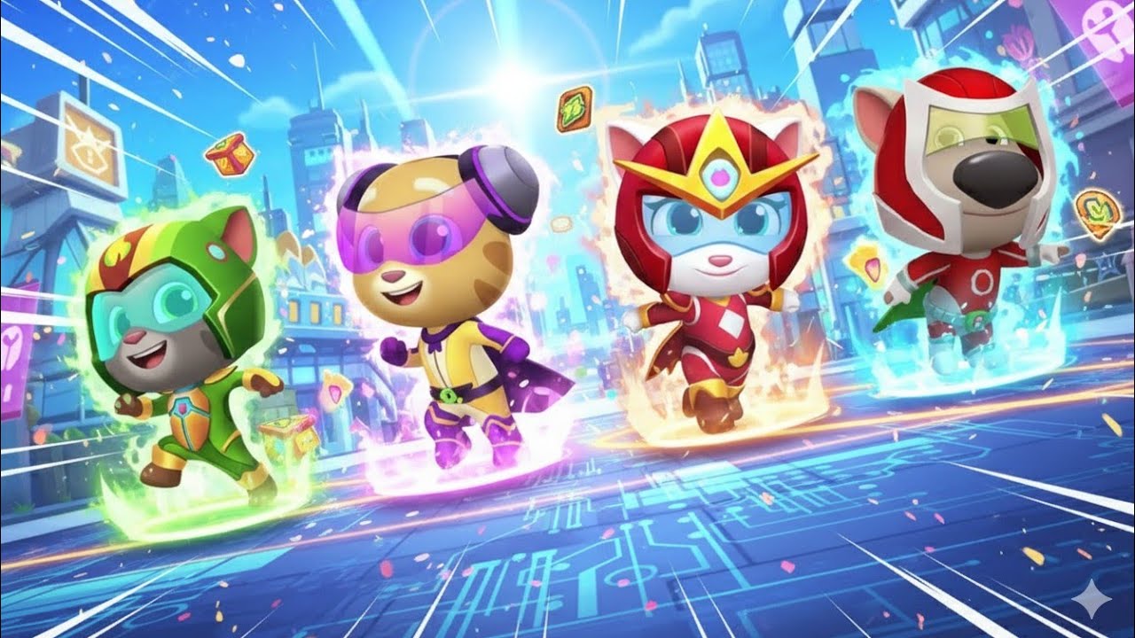 Talking Tom Hero Dash Gold Planet Tom vs Rockstar Ginger vs Arrow Angela vs Red Flame Ben vs Raccoon