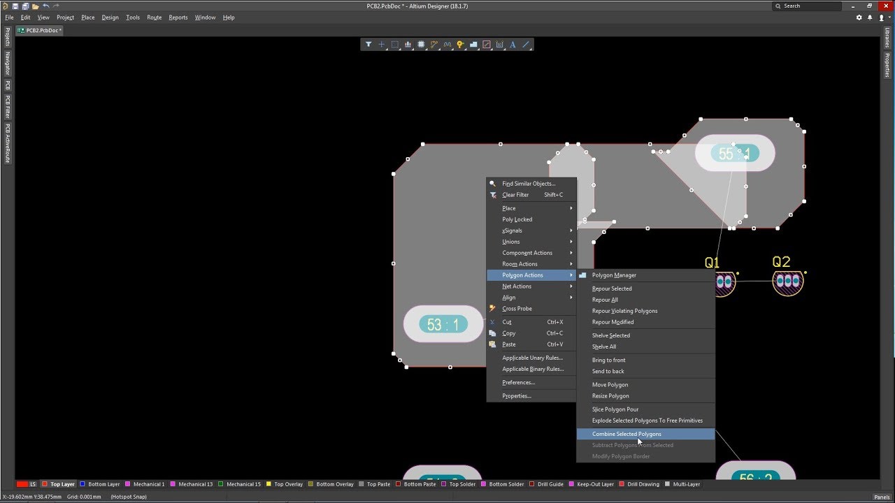 Altium Designer [Polygon Actions &raquo; Combine Selected Polygons]