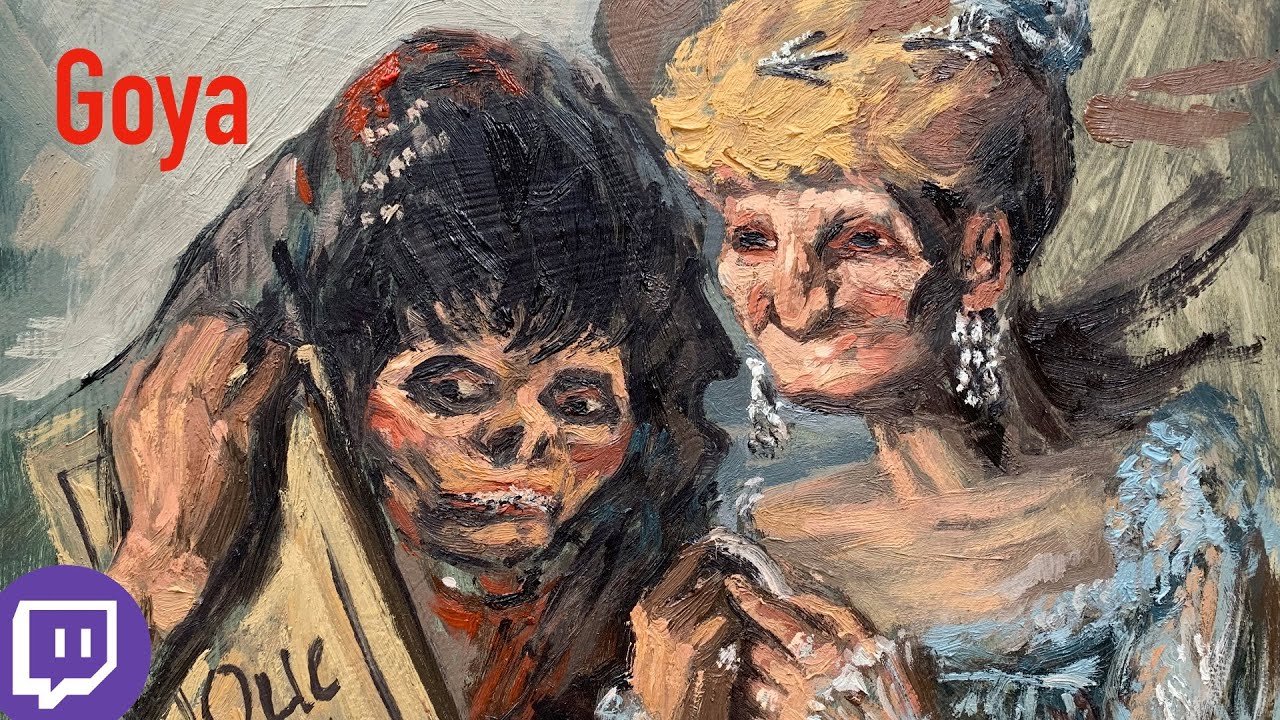 Pintando un cuadro de Goya con óleo sobre lienzo.