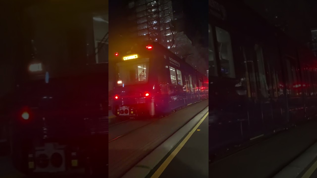 SacRT - new Siemens S700 trains in testing at night in downtown Sacramento