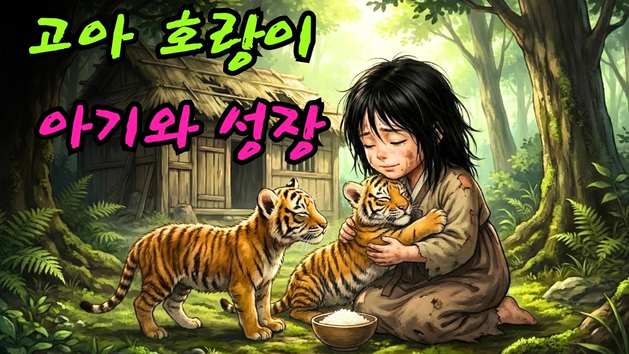 고아가 된 새끼 호랑이가 버려진 갓난아기 여자아이를 만나 깊은 숲 속에서 함께 피난처를 찾고 자라납니다.|민담 |전설 |설화 |옛날이야기 |오디오북