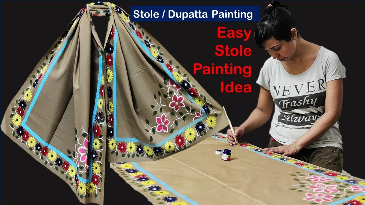 Dupatta / Stole Painting Tutorial on Cotton Fabric I Stole Painting ideas for Beginners