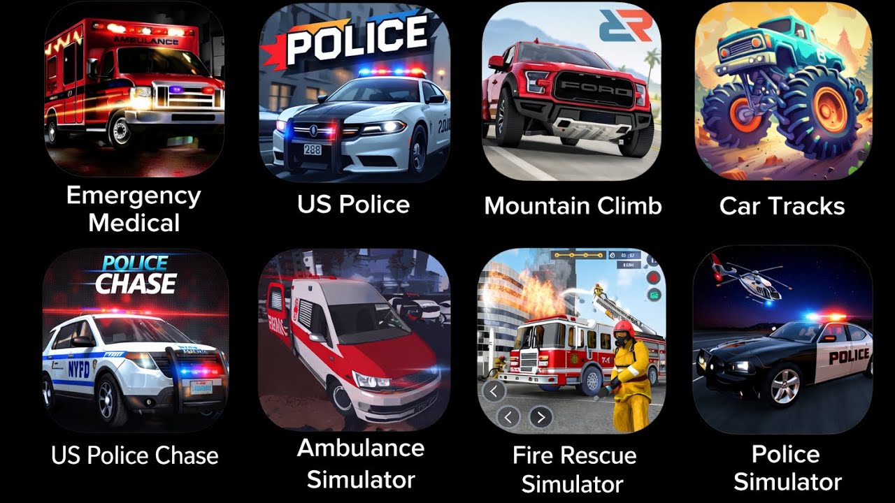 US Fire Rescue Simulator, US Police Cop Simulator, Us Emergency Ambulance Simulator.