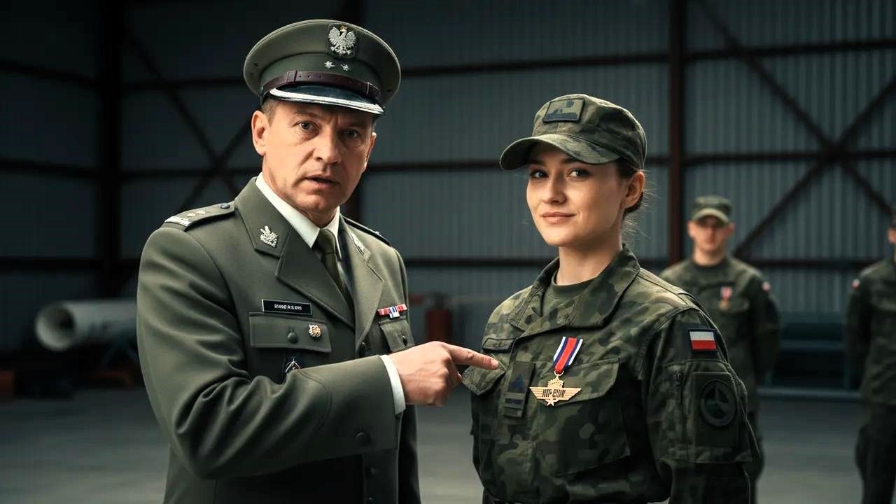 Generał kpi z jej czapki, aż w końcu dostrzega lśniący medal Top Gun