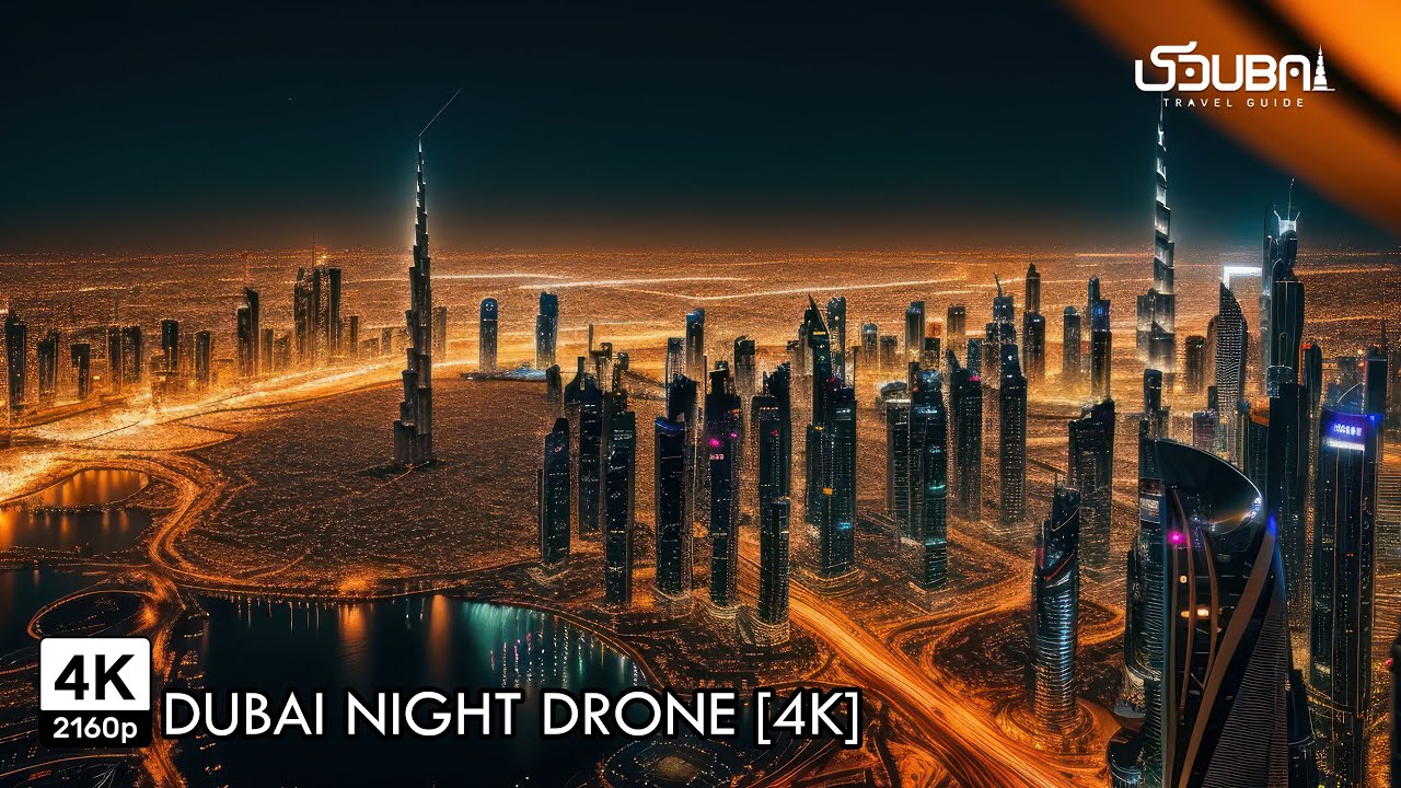 Dubai Night Drone 4K Ultra HD Cinematic Video with Ambient Background Music