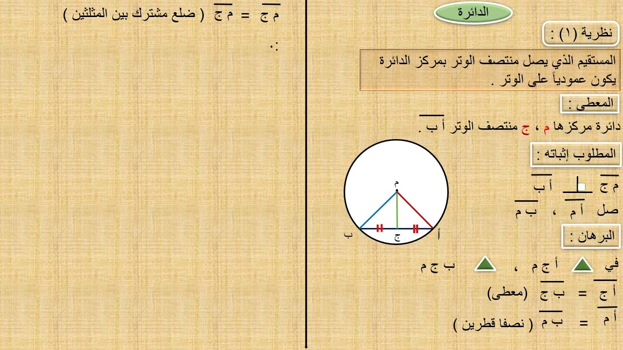 @المستقيم الذي يصل منتصف الوتر بمركز الدائرة يكون عمودياً على الوتر :