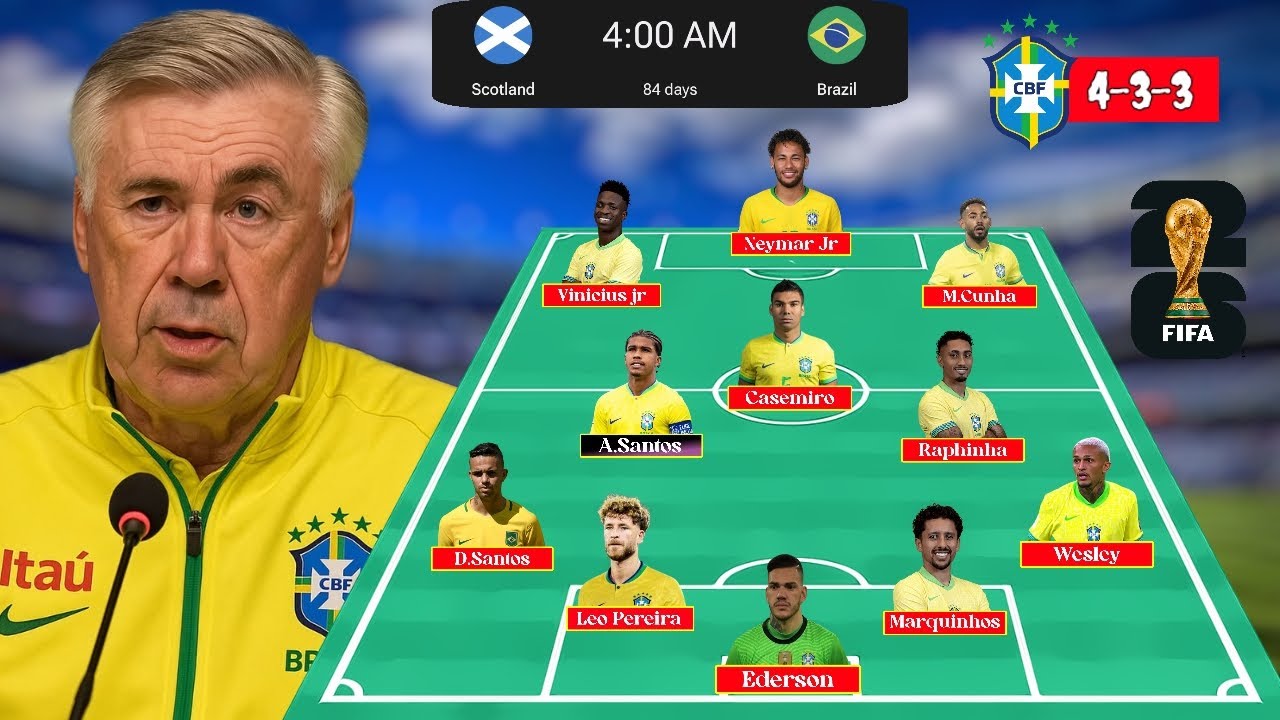 Brazil Vs Scotland 🏆 FIFA World Cup Match 2026 Carlo Ancelotti Announces Brazil Possible Squad