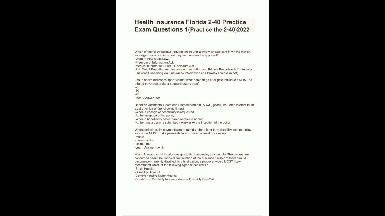 Health Insurance Florida 240 Practice Exam Questions 1Practice the 2402022