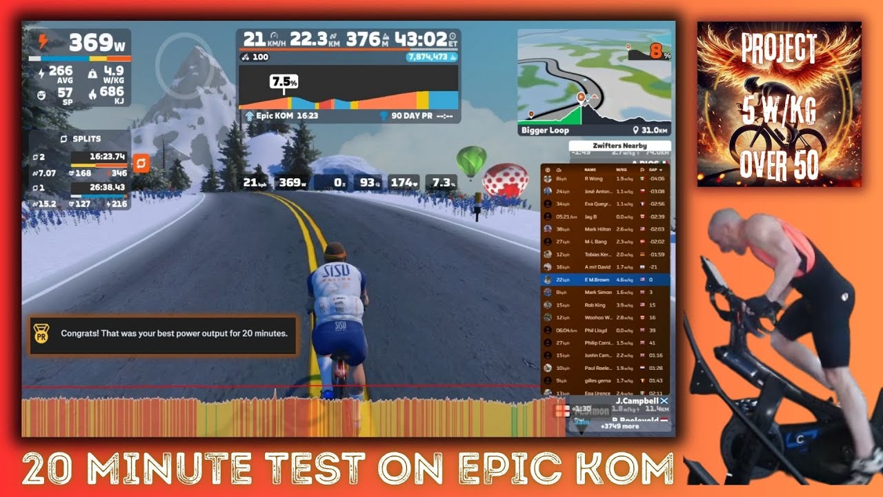 Zwift - 20 Minute Power Test - Epic KOM - Project 5w/kg Over 50