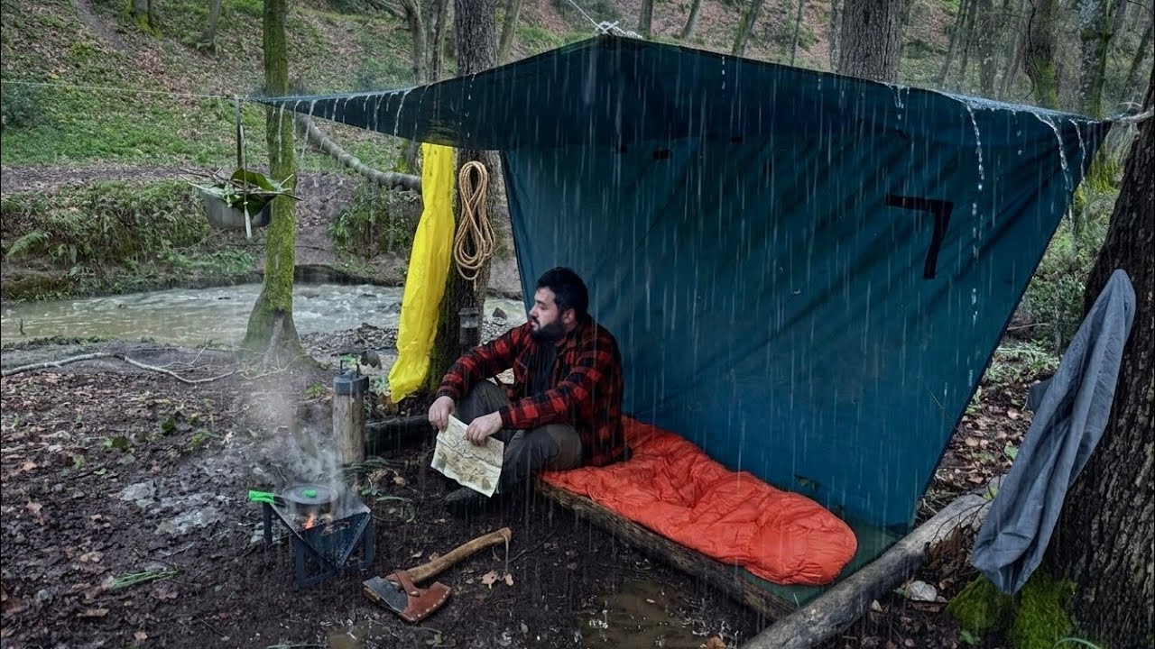 Winter Camping in Heavy Rain; Survival in the Wild. Caught in Rain. BUSHCRAFT Shelter