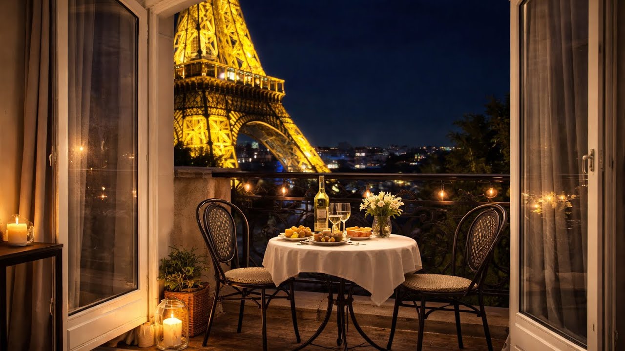 Cozy Paris Balcony Ambience 🍷 Smooth Jazz Music & Eiffel Tower View