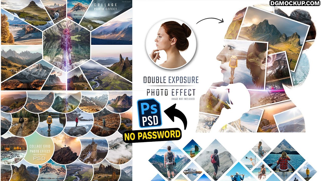 5 Best Photo Collage Frame Effect Mockup PSD | Double Exposure Effect | Grid and Photo Collage Frame