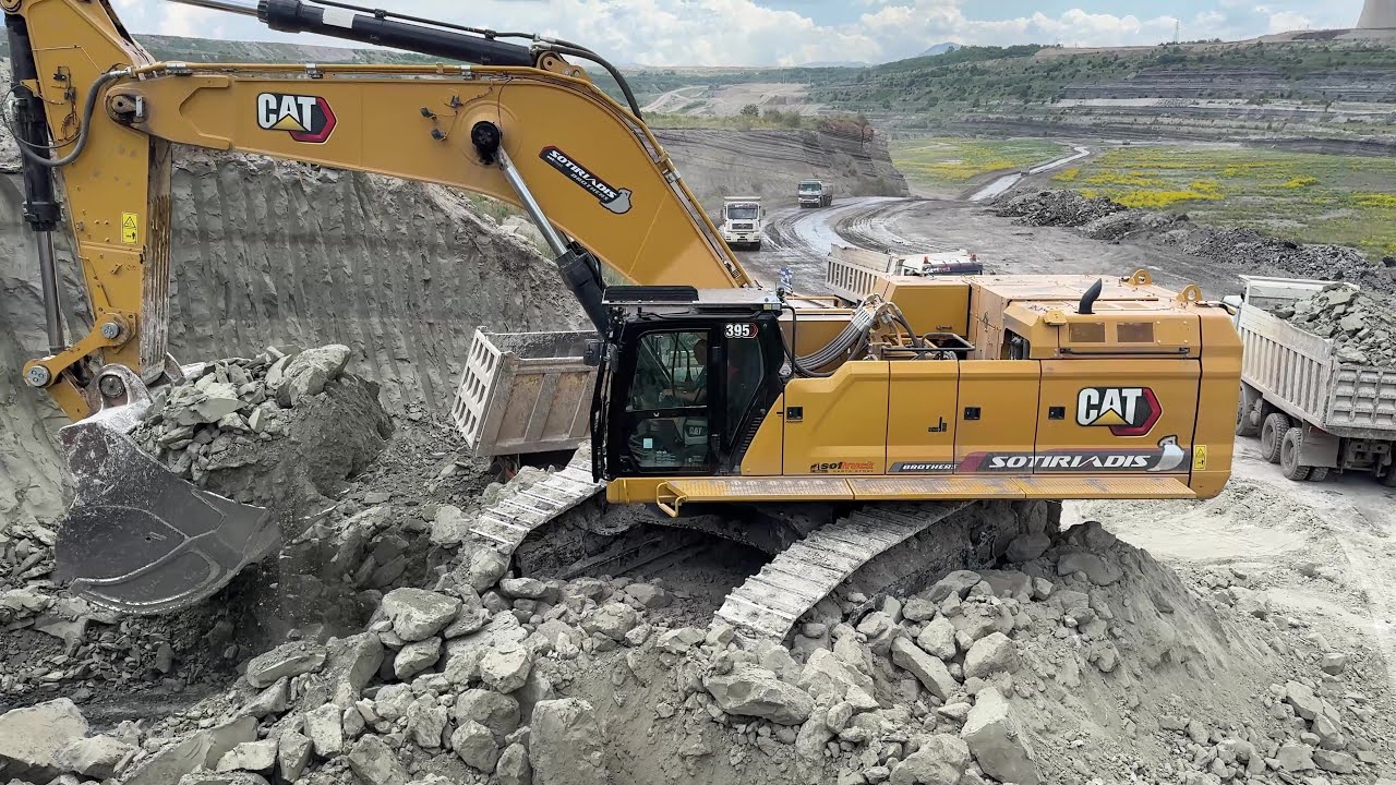 Caterpillar 395 Excavator Loading Trucks With Two Passes - Sotiriadis Mining Works - 4k