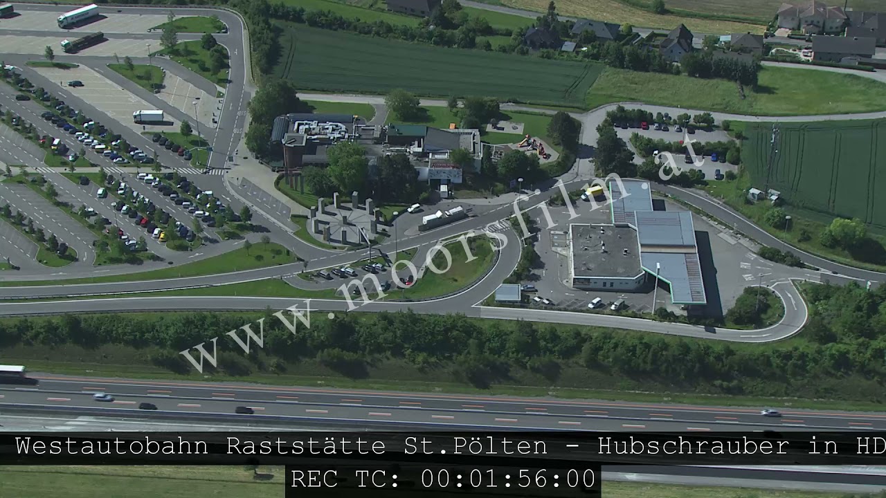 Flugaufnahmen Hubschrauber - A1 Westautobahn Rastst&auml;tte St P&ouml;lten in HD mit Timecode im Bild