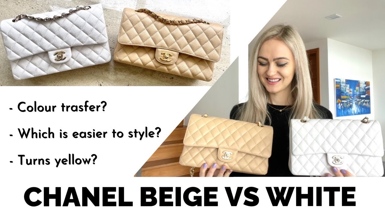 CHANEL BEIGE CLASSIC FLAP VS WHITE