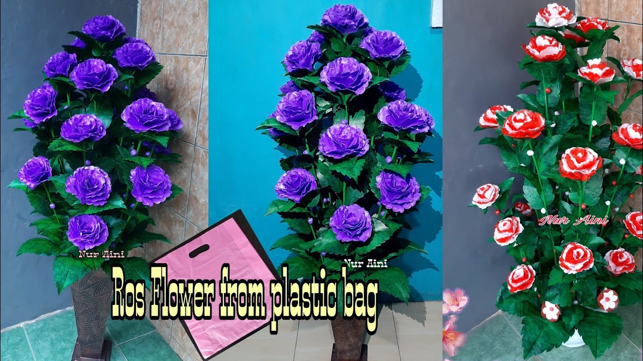 Cara membuat bunga mawar sudut ruangan dari plastik kresek//how to make Ros Flower from plastic bag