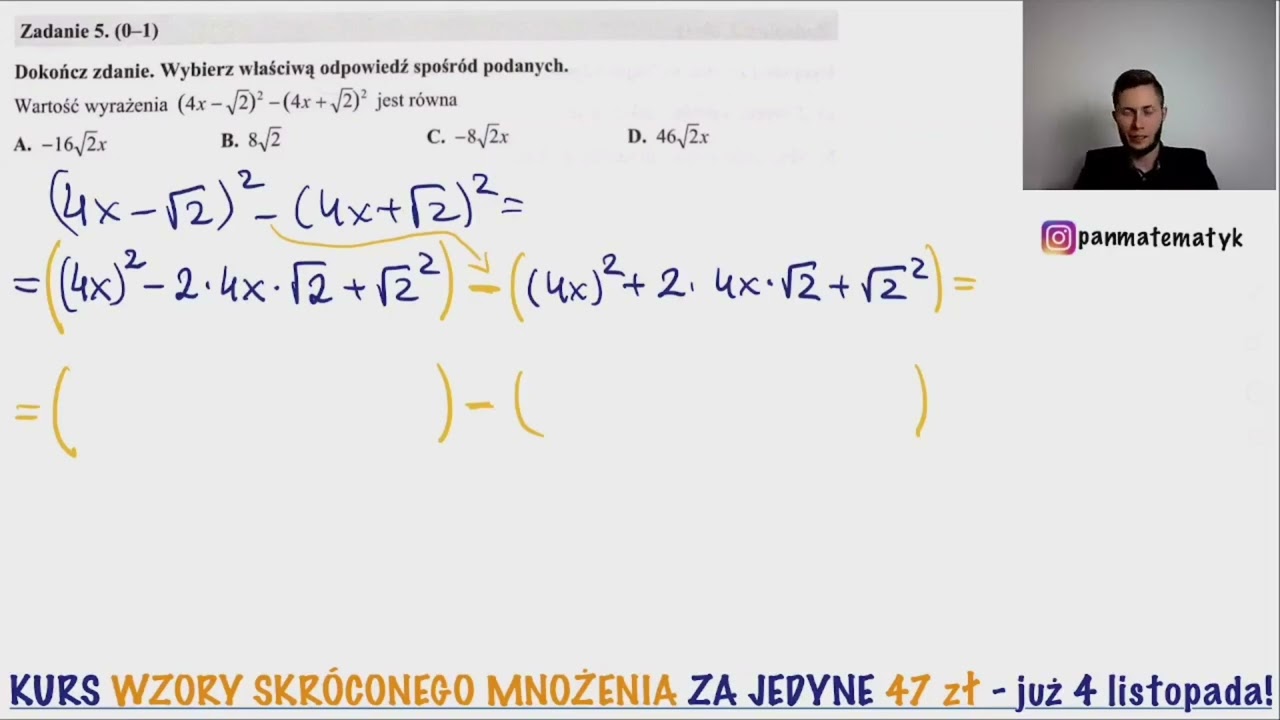 Wartość wyrażenia (4x-pierw z 2)^2 - (4x+pierw z 2)^2 jest równa