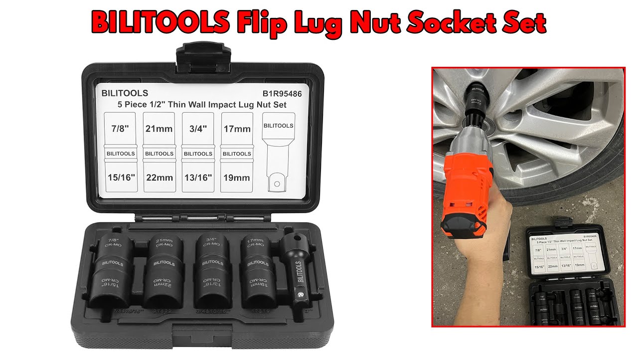 1/2 inch Impact Lug Nut Flip Socket Set, Metric 17-19 - 21-22 mm & SAE 3/4-13/16-7/8-15/16 inch