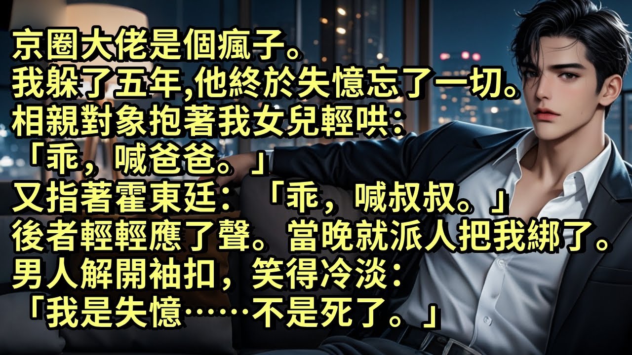 京圈大佬是個瘋子。我躲了五年，他終於失憶忘了一切。相親對象抱著我女兒哄：「乖，喊爸爸。」又指著霍東廷：「乖，喊叔叔。」後者輕輕應聲。當晚就派人把我綁了。男人解開袖扣，笑得冷淡：「我是失憶，不是死了。」