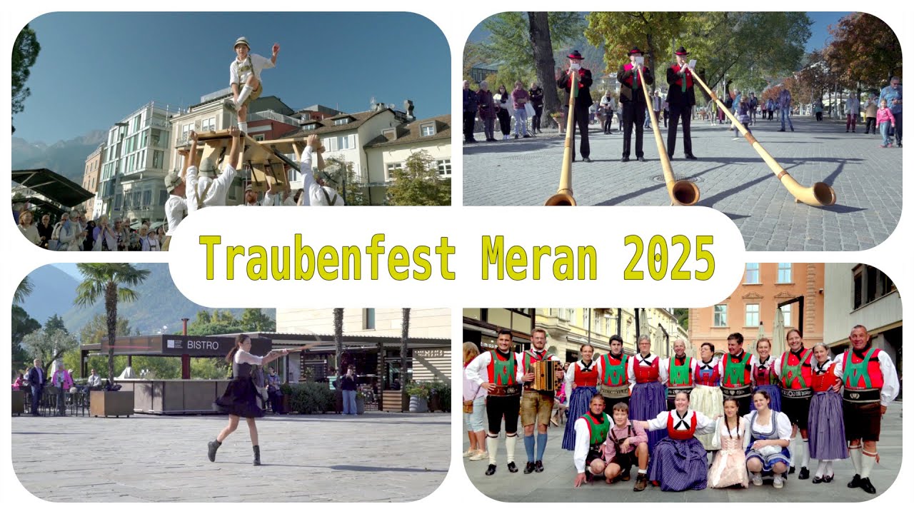 Schuhplattler, Goaßlschnöller, Tanzgruppe und Alphornbläser beim Traubenfest Meran 2025