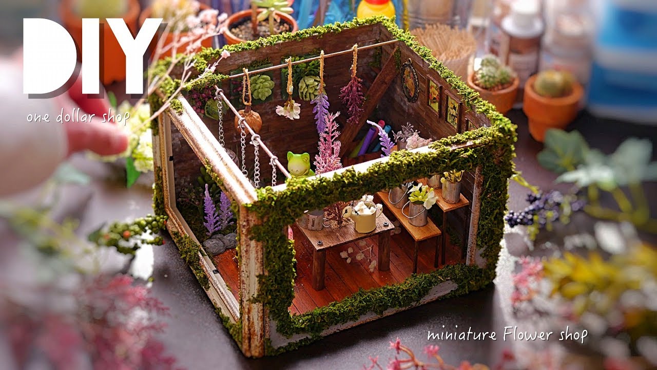 DIY☺︎miniature flower house 100均フォトフレームを使ったお花屋さん 〜ミニチュアハーバリウム、バケツetc〜の作り方