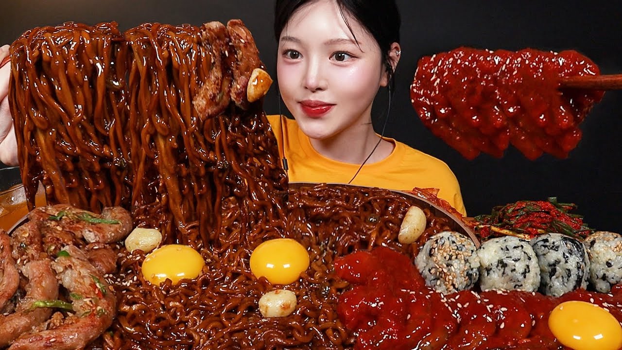 SUB)미친 조합🔥소곱창 올린 매운 짜파게티에 양념새우장 먹방! 주먹밥 파김치까지 Chapagetti & Marinated Shrimp Mukbang Asmr