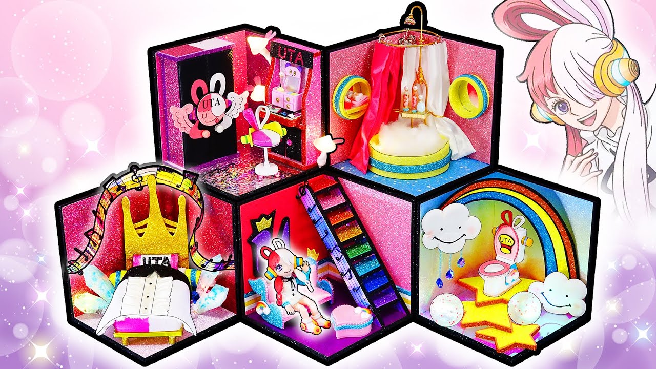 ウタの世界をDIY❤️ウタワールドのミニチュア手作り工作🍭UTAにリメイク変身したセリアのお人形にドールハウスをDIY✨ワンピースフィルムレッド声真似