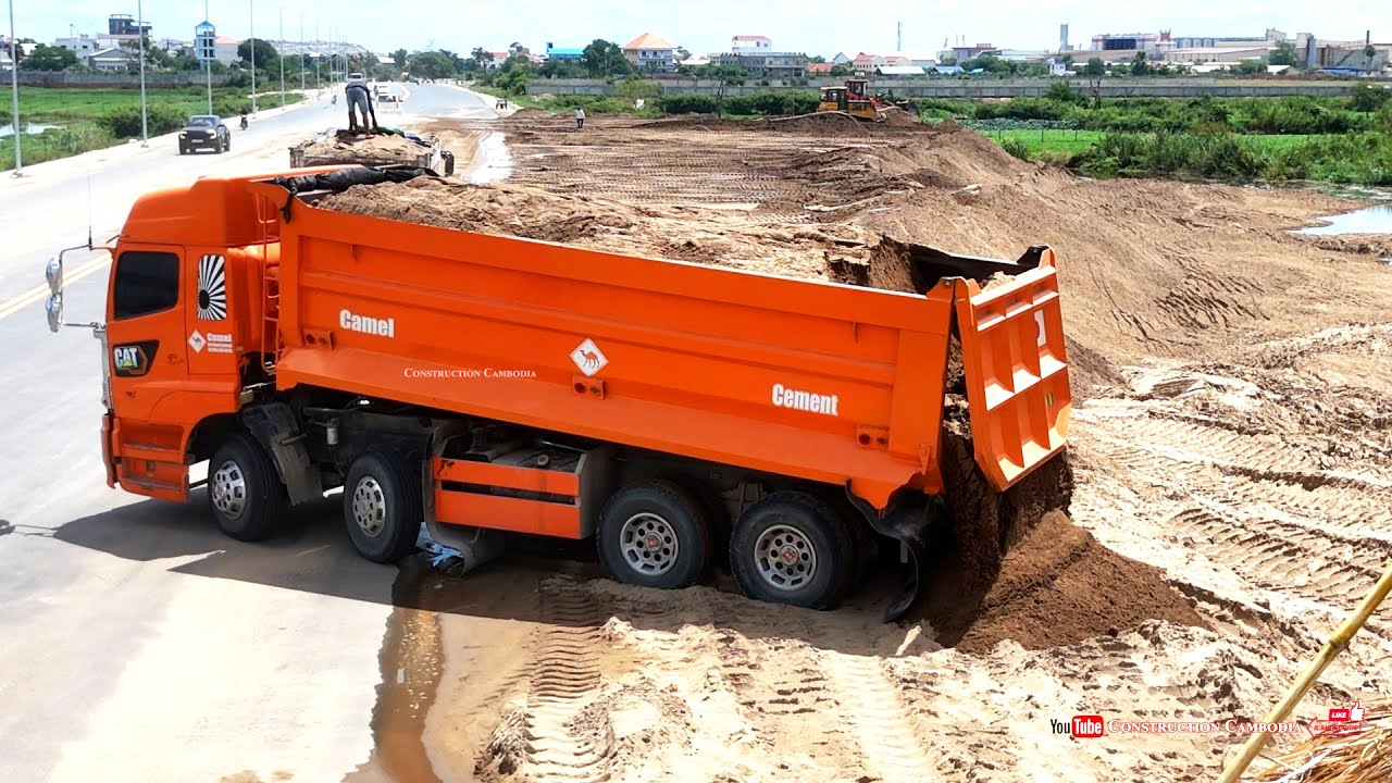 Amazing New Dump Trucks Dumping Sand And Bulldozer Pushing Sand Filling Huge Flooded Land Foundation