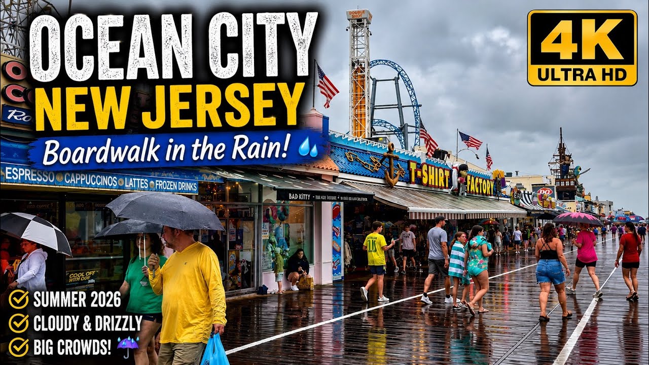 Ocean City NJ Boardwalk in the Rain! Summer 2026 Walking Tour & Crowds Despite the Drizzle (4K)