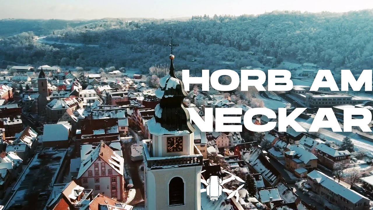 Horb am Neckar during snowfall by drone in one minute