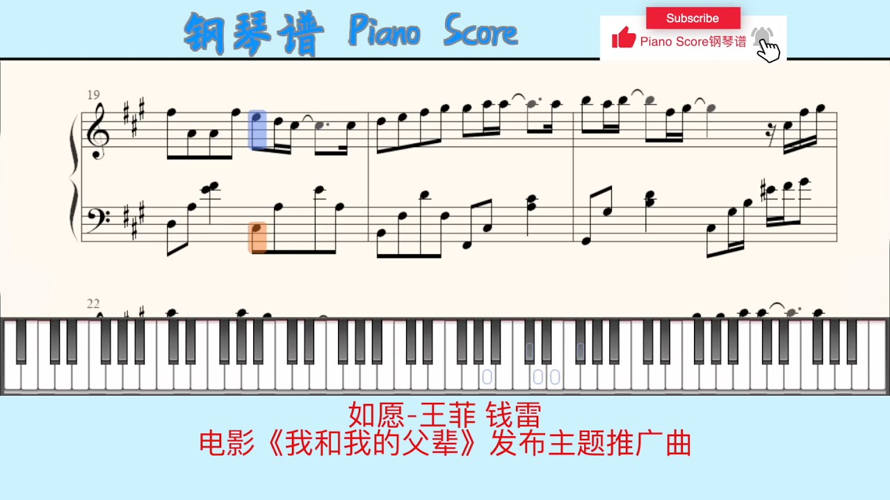 如愿-王菲 钱雷🎹Piano Score钢琴谱 指法⭐️电影《我和我的父辈》发布主题推广曲