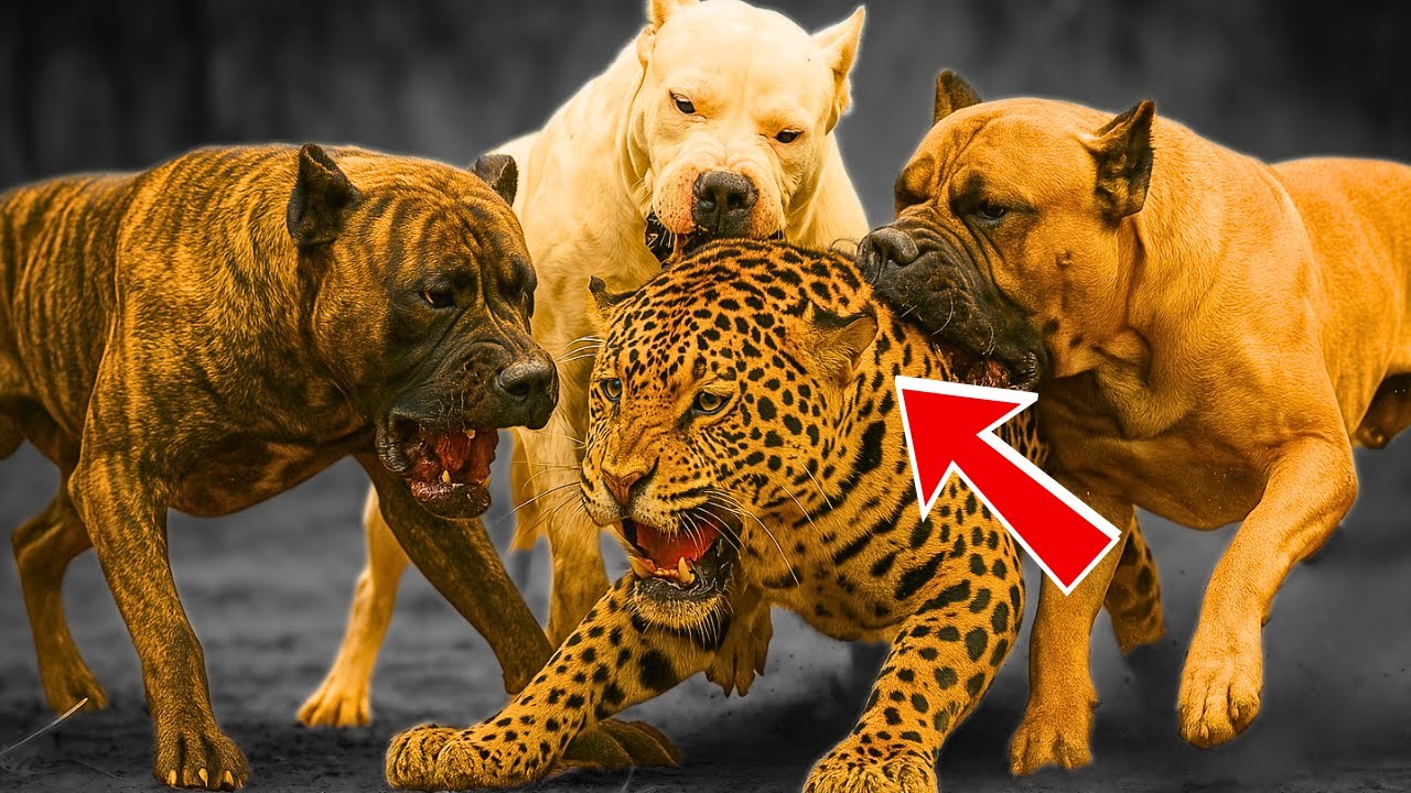Dogo, Cane Corso y Presa Canario contra un Jaguar!