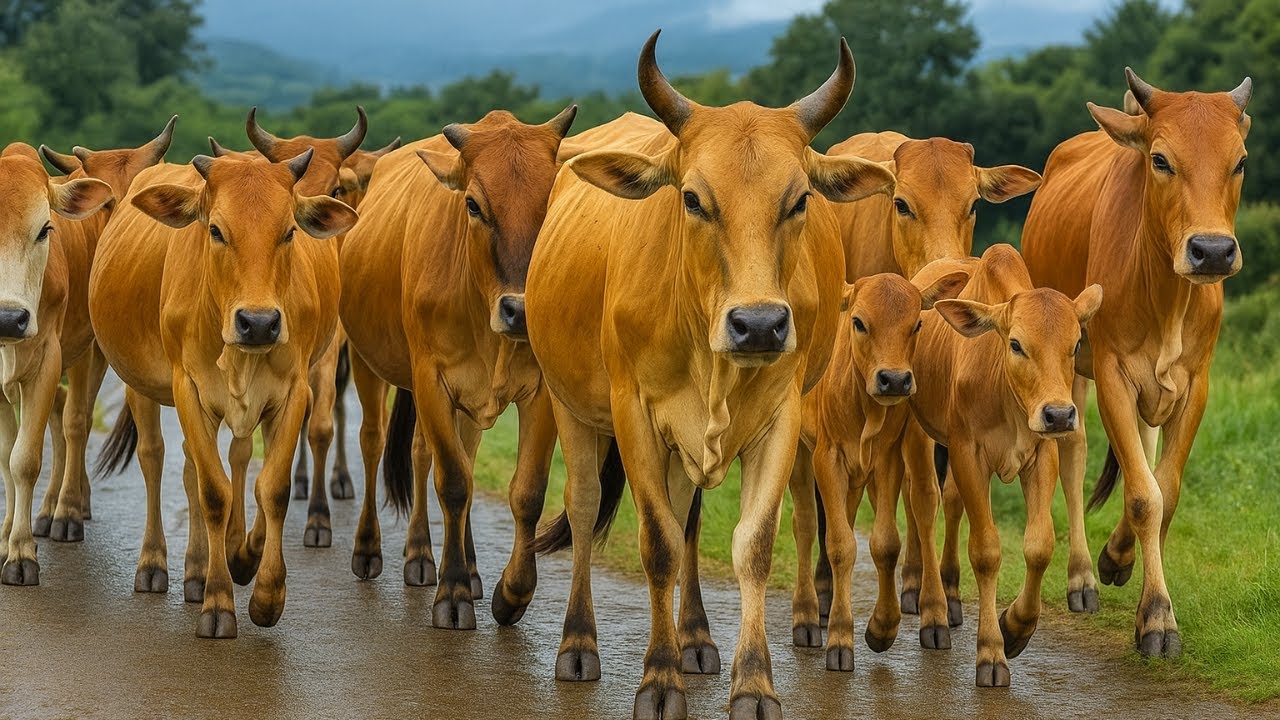 Aktivitas Mengiring Sapi Lembu  Menuju Ke Kandang Peternakan Hewan Ternak sapi - Suara sapi moo