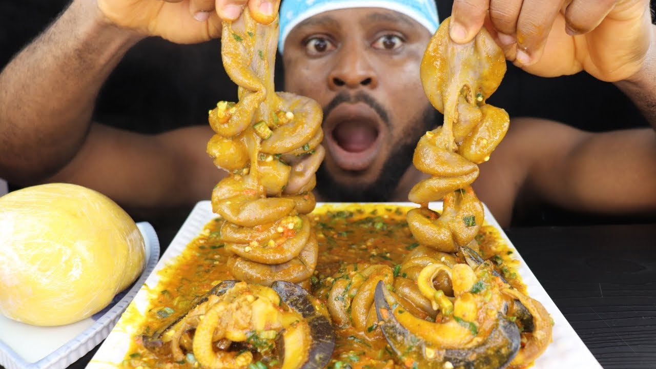 Asmr Seafood Big SNAIL ogbono Soup with Massive Beef Intestines & Fufu.African Mukbang!