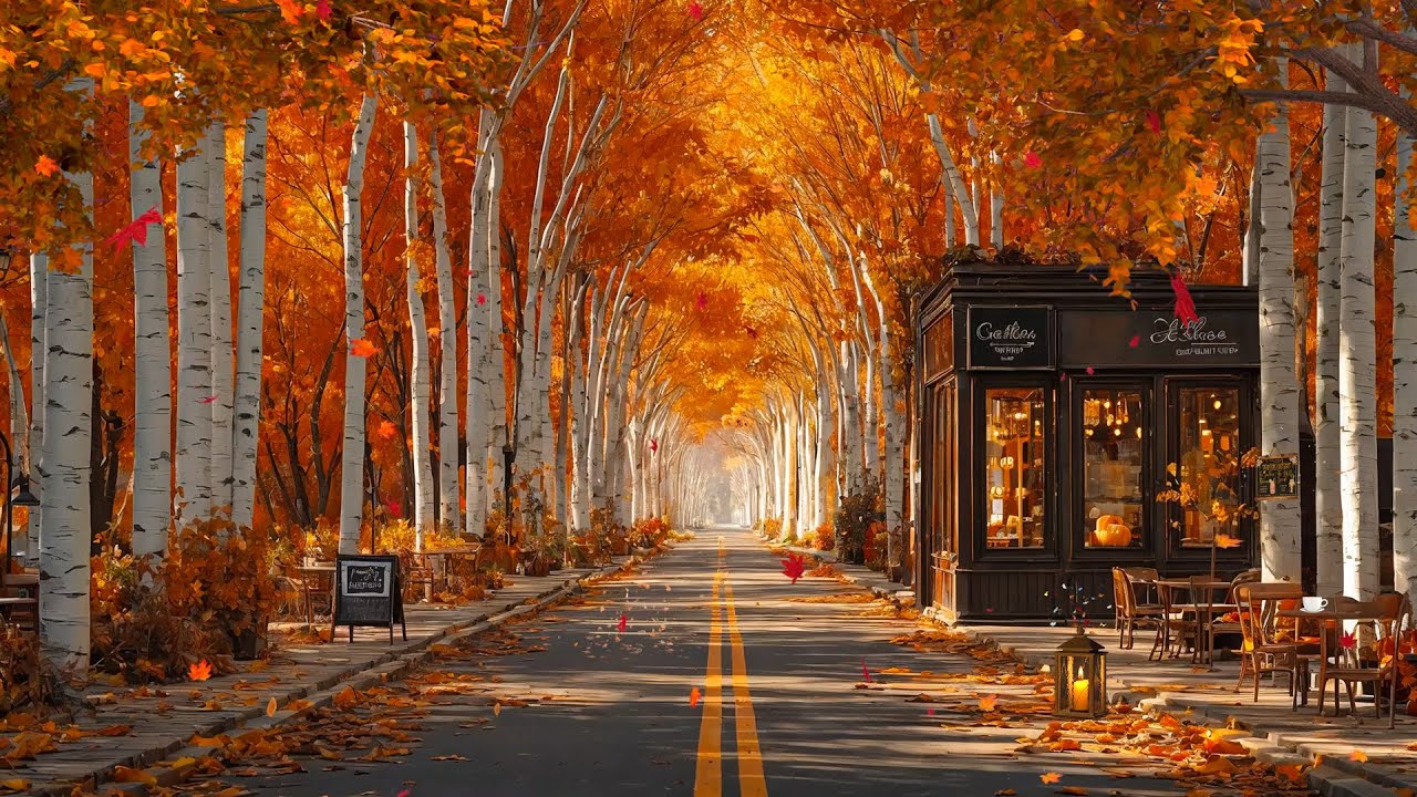Autumn Coffee Shop Tucked in a Birch Forest 🍂 Tranquil Jazz Vibes for Studying, Working & Relaxing