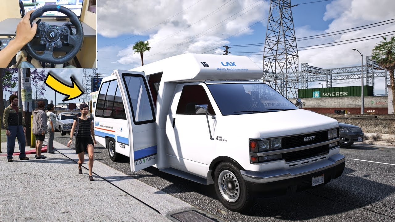 GTA 5 Lets Go To Work as LAX Shuttle Bus Driver - Steering Wheel Gameplay