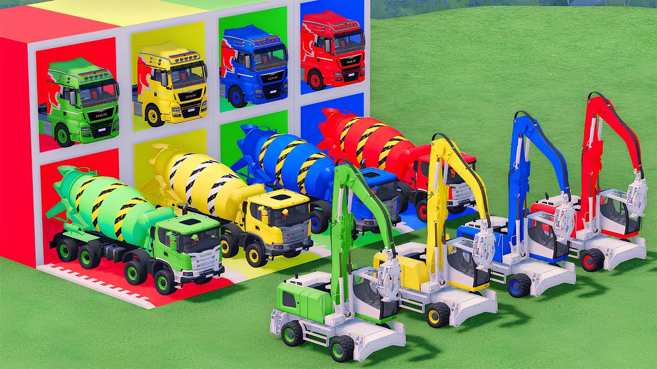 Trucks With COLORS - MIXER TRUCK and EXCAVATOR with FLATBED TRUCK, SCANIA - Farming Simulator 22