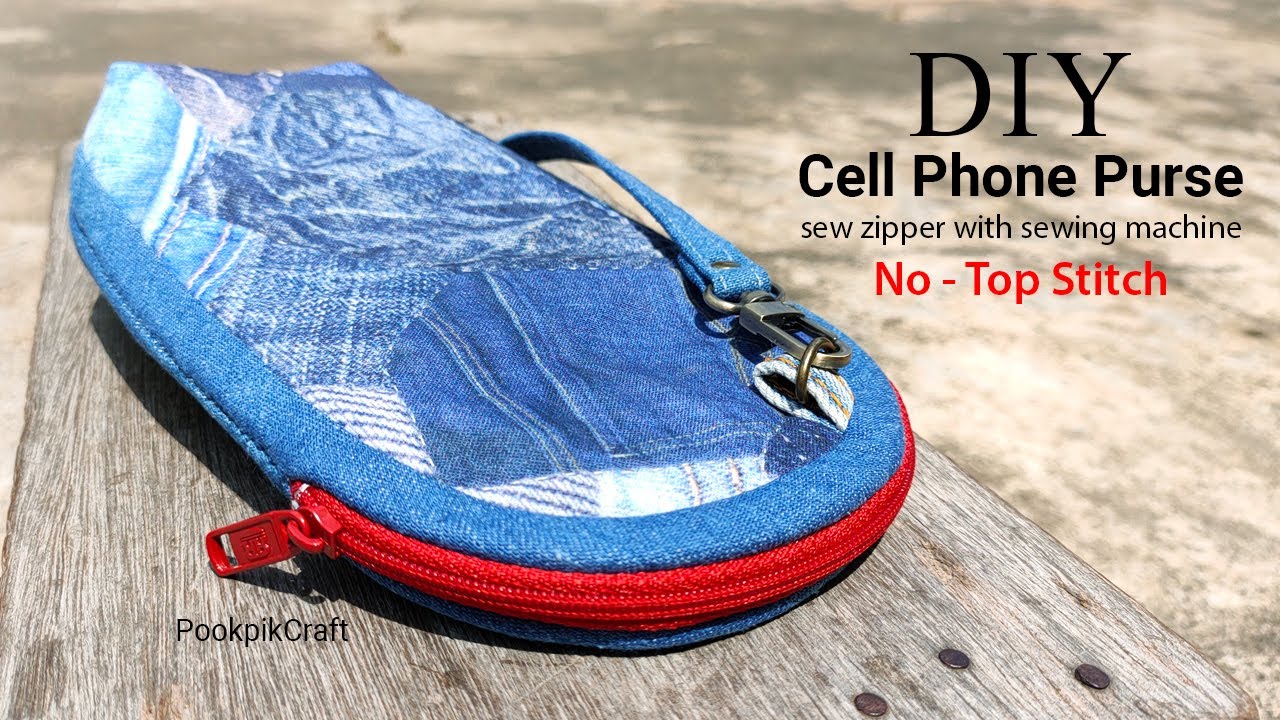 DIY Cell Phone Purse | sew zipper with sewing machine no-top stitch | กระเป๋าใส่โทรศัพท์มือถือ