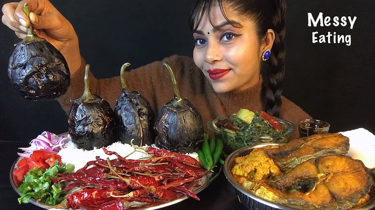ASMR EATING RICE ALOO GOBHI FISH CURRY SPICY BAINGAN BHARTA WITH ALOO PALAK | MESSY EATING SHOW