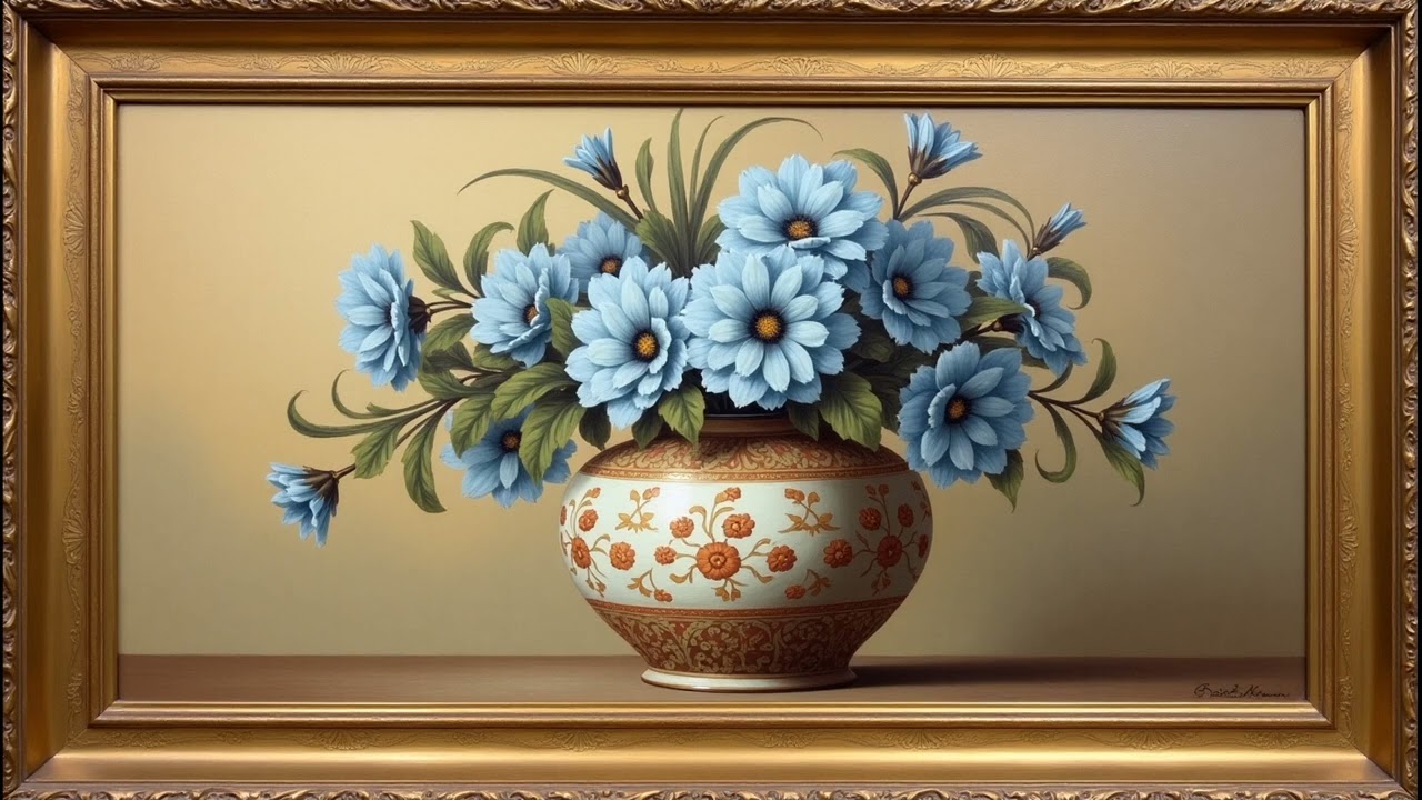 Blue Roses Vase | Gold Frame TV Art | Art Screensaver for TV 3 Hrs