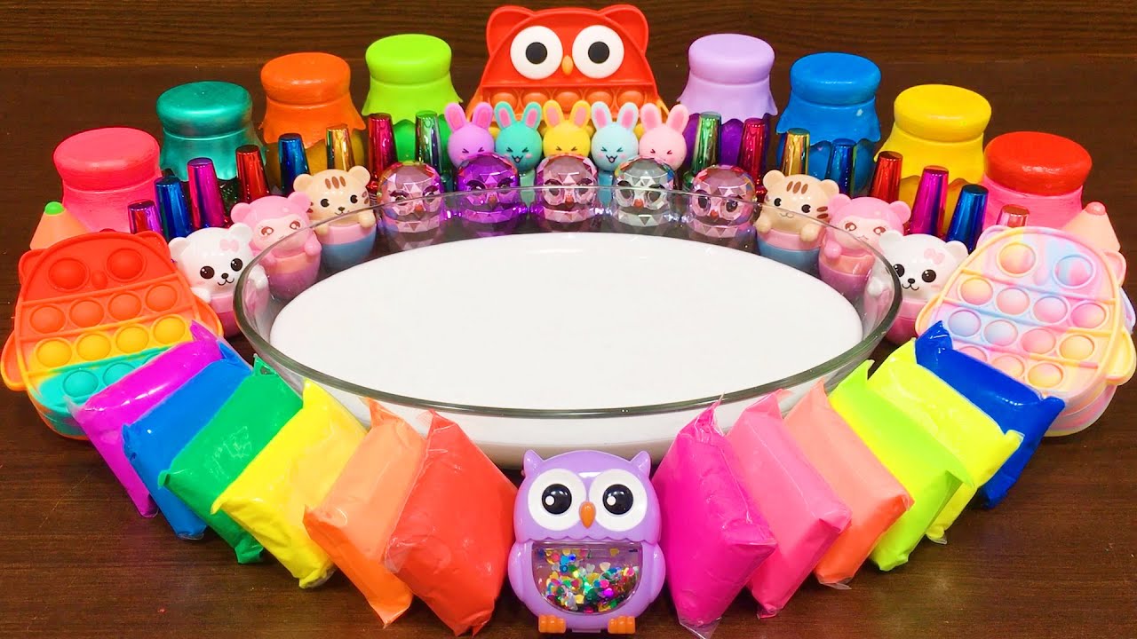 OWL RAINBOW Slime!! Mixing Makeup, Clay, Floam and More  into Glossy!!! Satisfying Video #6